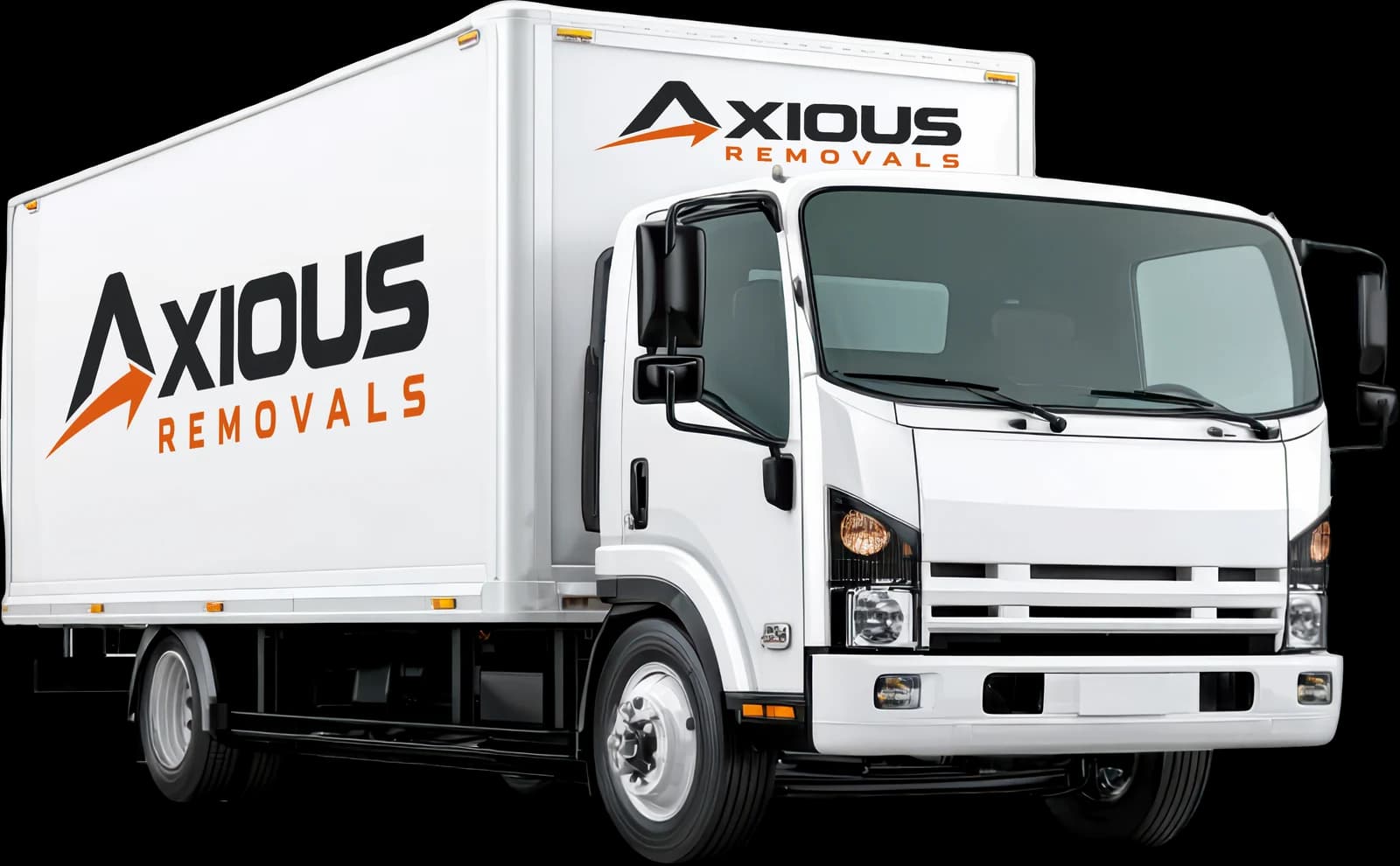 White box truck with the Axious Removals logo on its side